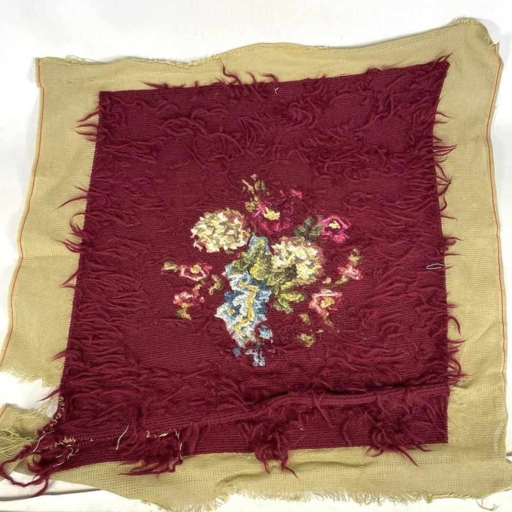Vintage Floral Needlepoint Embroidery‎ Panel Burgundy Canvas 21x21 - Picture 4 of 6